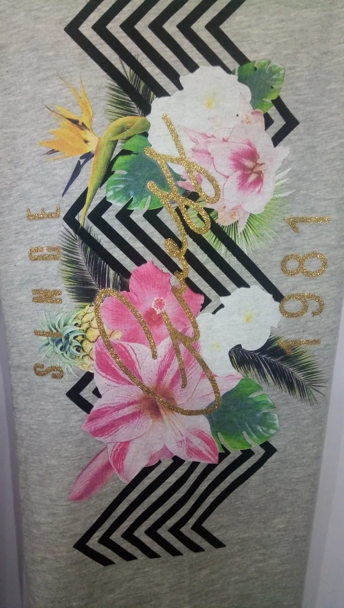 Flowers and chevron fabric design produced with screen, digital and gold glitter printing