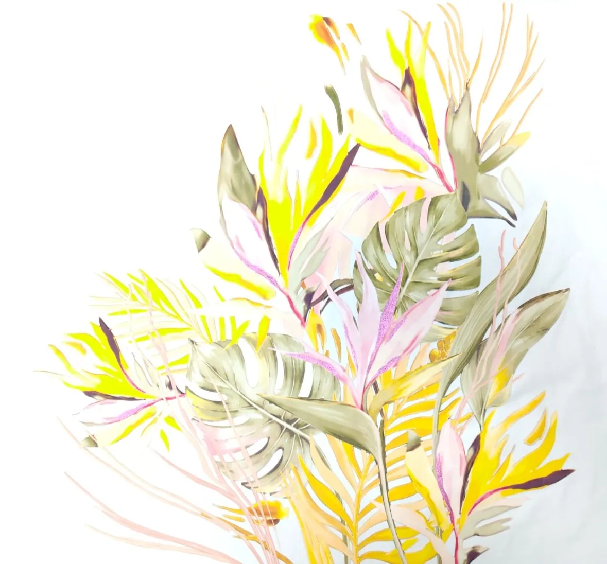 Digital textile print of a botanical floral design with foil detail