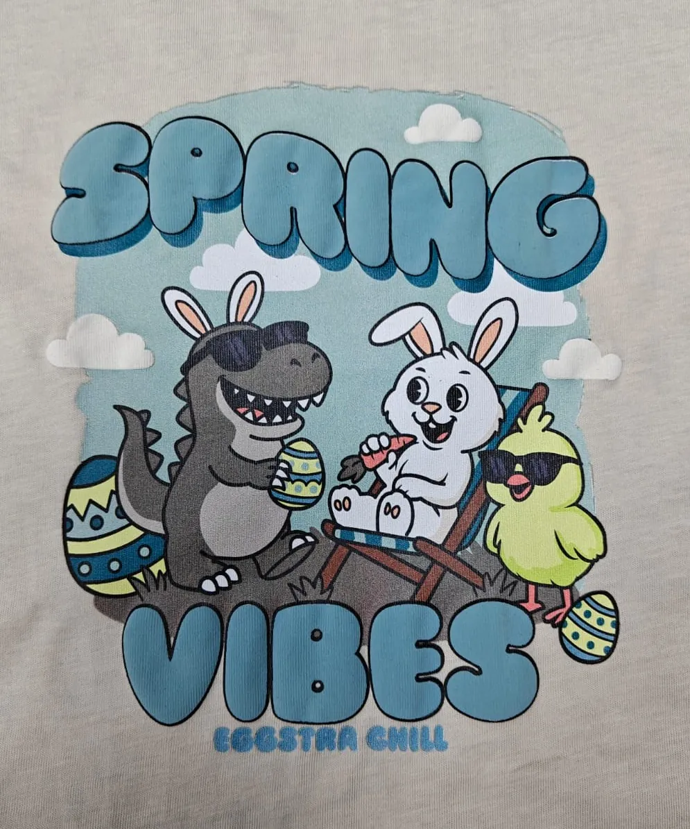 Digital textile print of playful Spring Vibes artwork on kidswear fabric
